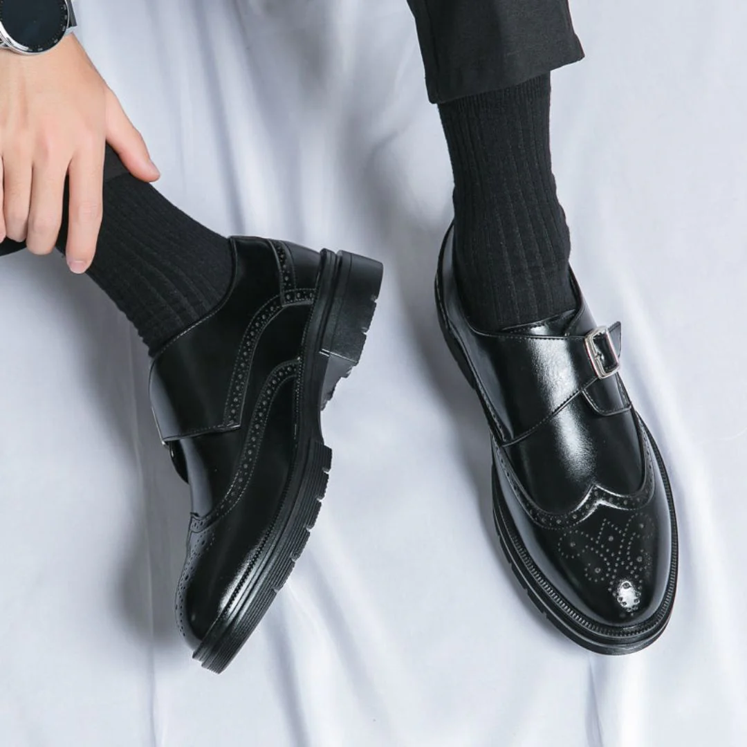 Men’s Stylish Formal Business Slip-on Wingtip Brogue Accents Shoes with Adjustable Buckle Closure - Image 3