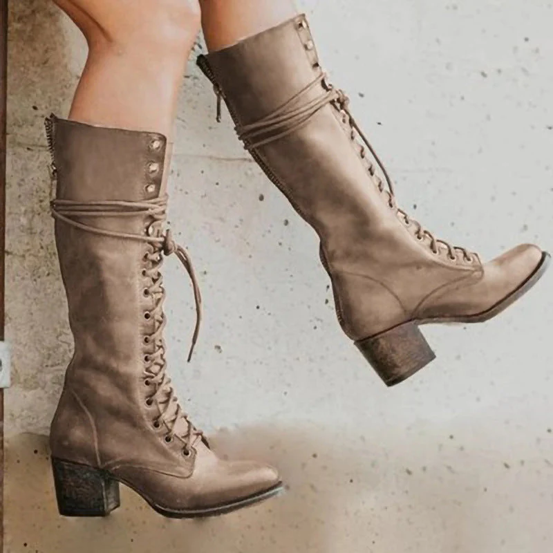 Women’s Block Heel Boots Lace-Up Knee-High Style - Image 5